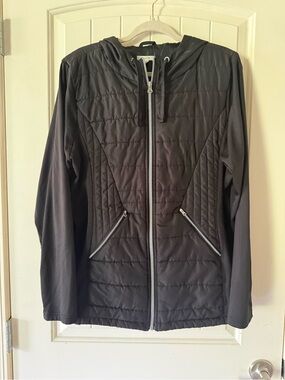 Maurices Black Quilted Hooded Puffer Knit Sleeve Jacket with Zip Pockets
